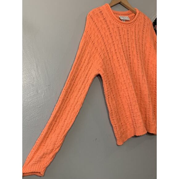 Vintage 80s Cotton Sweater Size Large Orange Roll Neck Hem Fisherman Dopamine - Picture 2 of 6